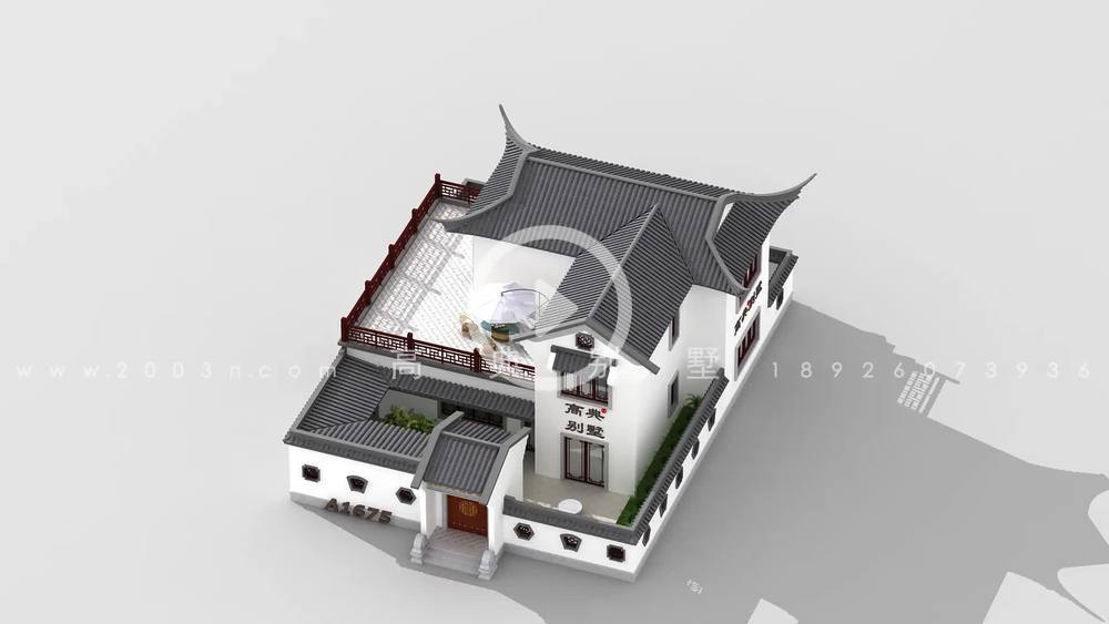户型精巧的三层中式带庭院别墅效果图