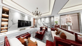 别墅现代风格新中式风格室内客厅全景效果图