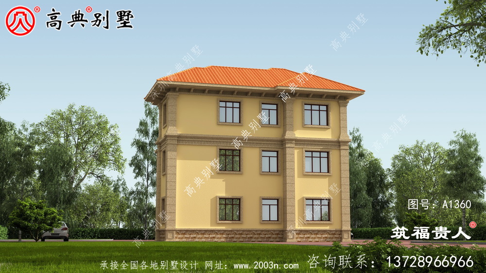三层别墅图，欧式外观米黄色外观喷涂效果好看极了。