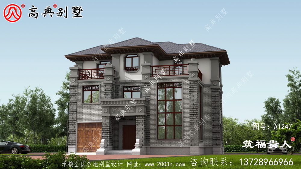 灰白色新中式新款农村盖房子设计图