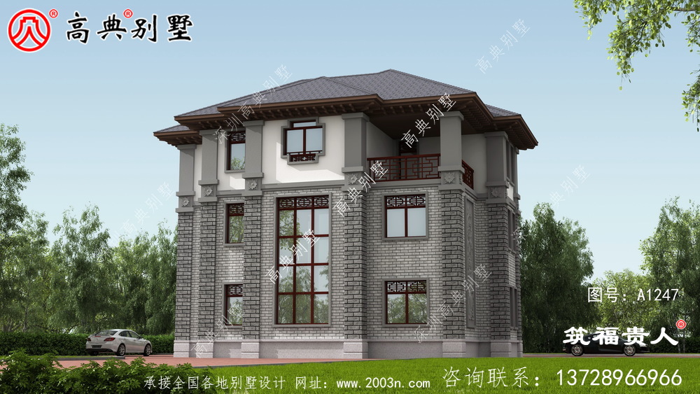 灰白色新中式新款农村盖房子设计图