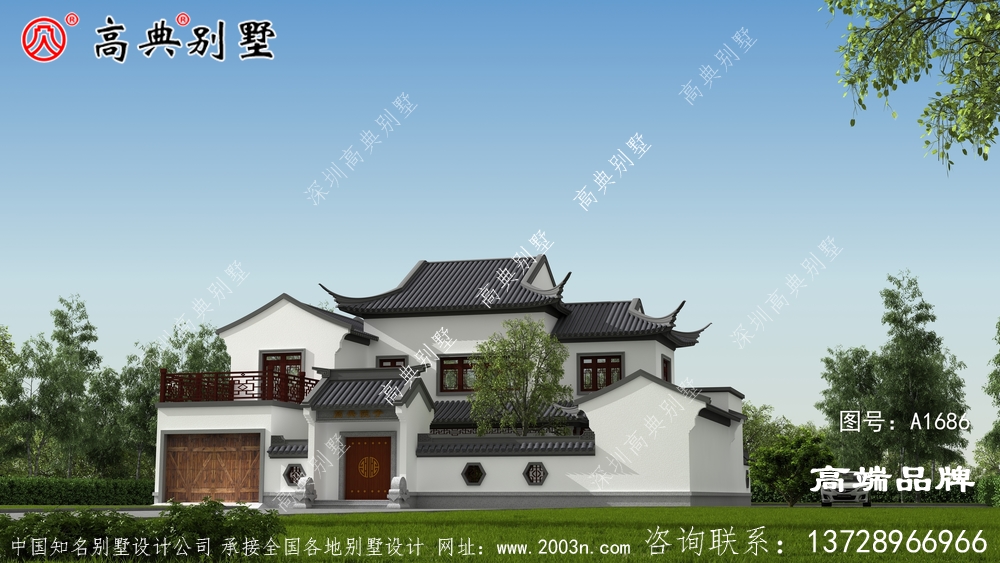 中式别墅外观效果图，奢华，大气