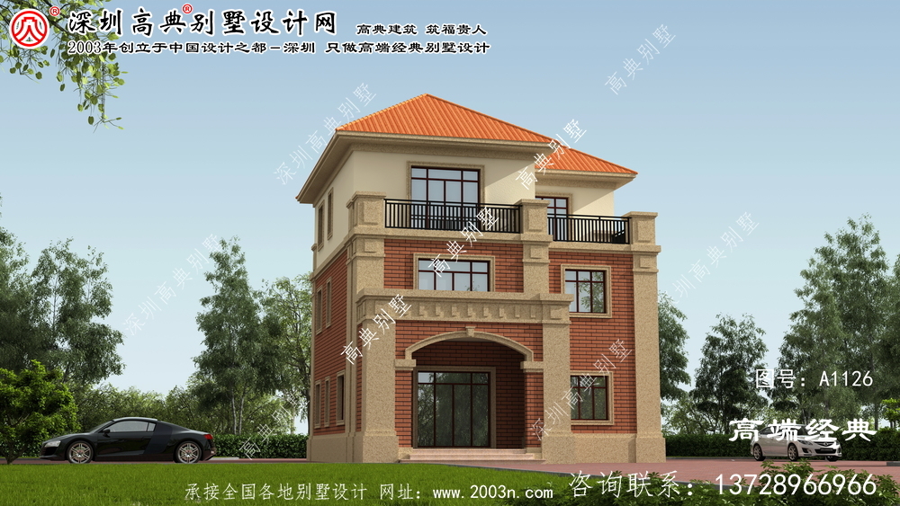 红原县新型美丽乡村三层别墅建筑设计图，效果图。