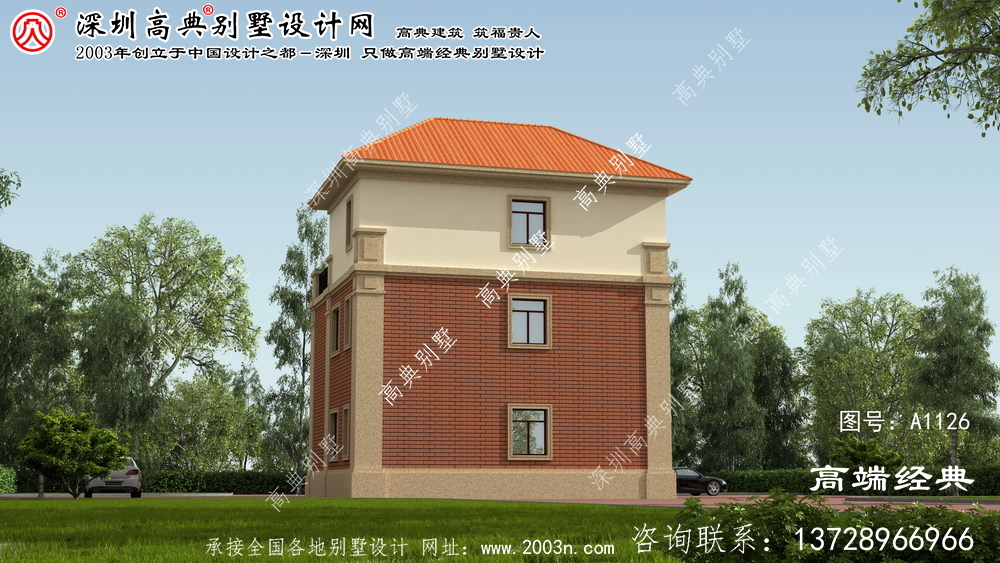 红原县新型美丽乡村三层别墅建筑设计图，效果图。
