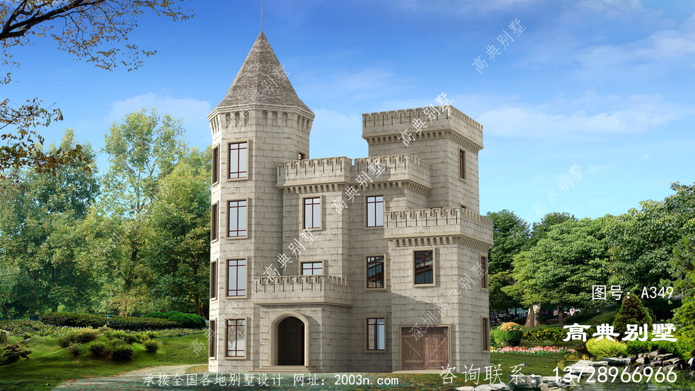 外观大气时尚的城堡式别墅，新农村别墅设计图