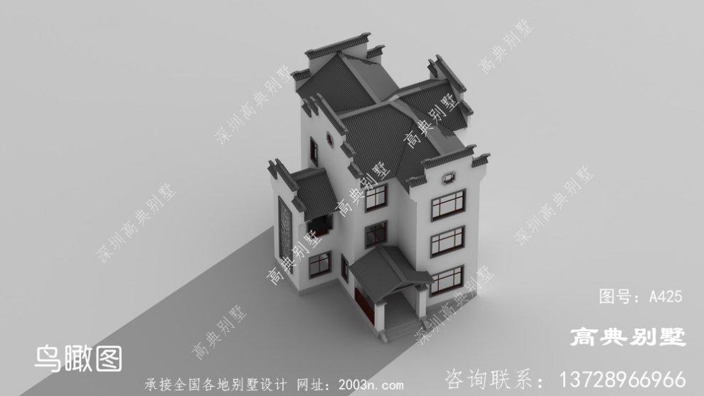 中式三层别墅设计图，外型颜色淡雅不张扬