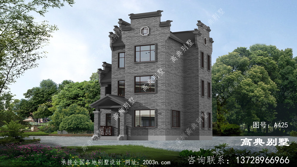 中式三层别墅设计图，外型颜色淡雅不张扬