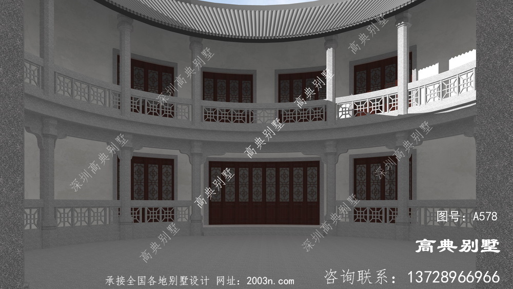 中式风格二层别墅圆型客家围屋设计图纸