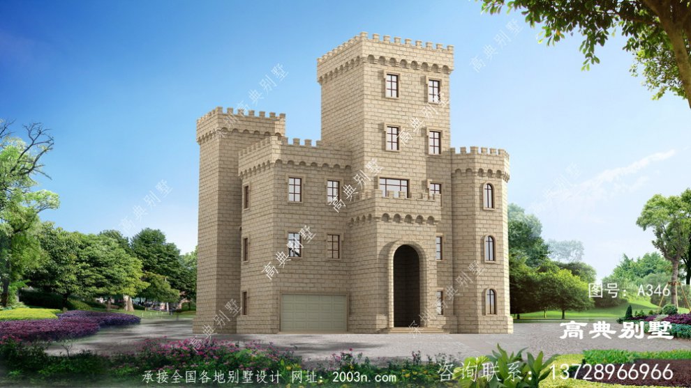 豪华西式城堡五层别墅外观设计效果图配车库