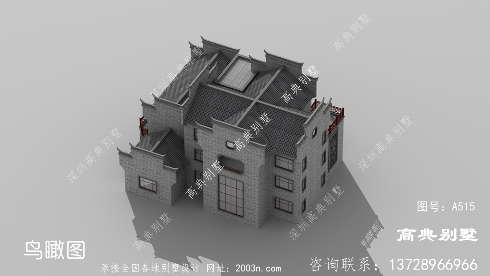中式风格二层徽派别墅设计图纸及效果图