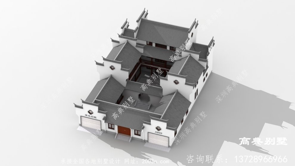 三层中式别墅设计图，带庭院