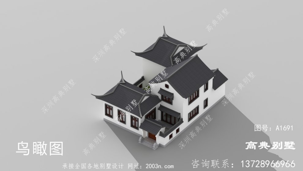 外观简洁大方的新中式两层别墅设计图