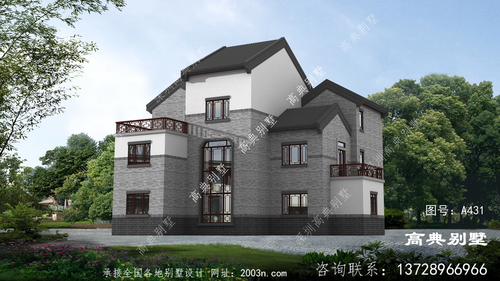 新中式风格三层复式别墅外观效果图