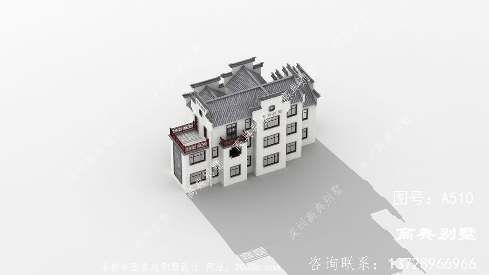 中式风格自建三层复式徽派别墅外观效果图
