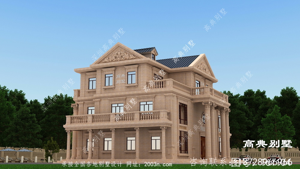欧式风格三层豪宅石材别墅设计效果图