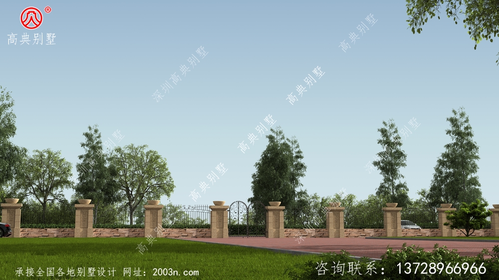 围墙大门柱子效果图W181号可以搭配农村4层半小别墅建设