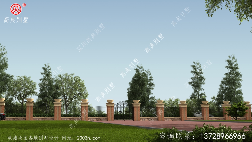 别墅庭院围墙效果图W189号用于农村小别墅花园设计