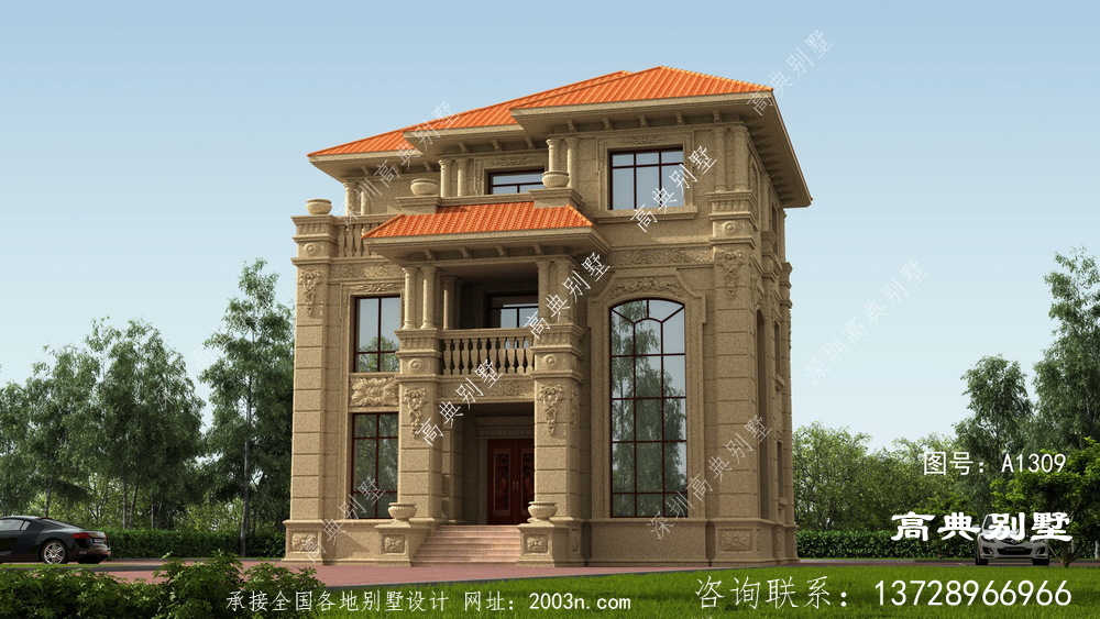 欧式风格三层经典复式石材别墅设计图