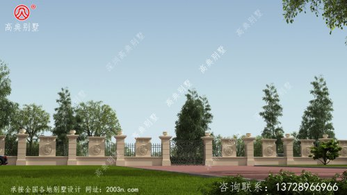 自建欧式别墅配上围墙大门柱子款式图W175号高典别墅围墙