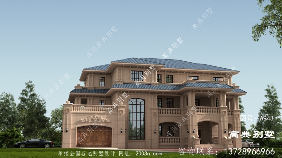 豪华欧式石材大户型三层别墅外观设计效果图