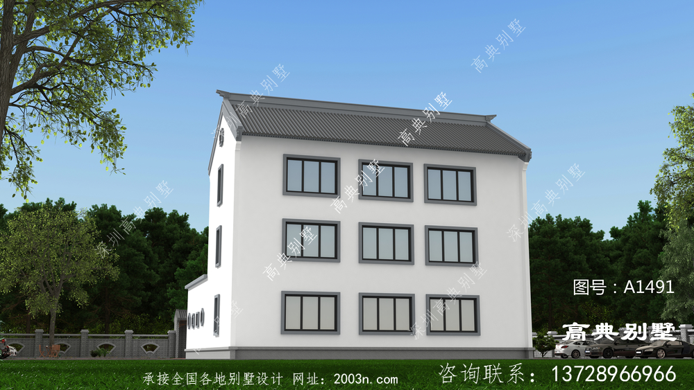 现代中国风三层小别墅带内庭院，农村自建简约房型，现代中式风格